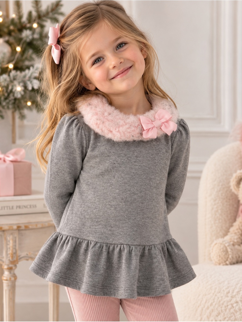 KIDS Janie and Jack Girls Gray Peplum Top Pink Faux Fur Collar Bow Size 5